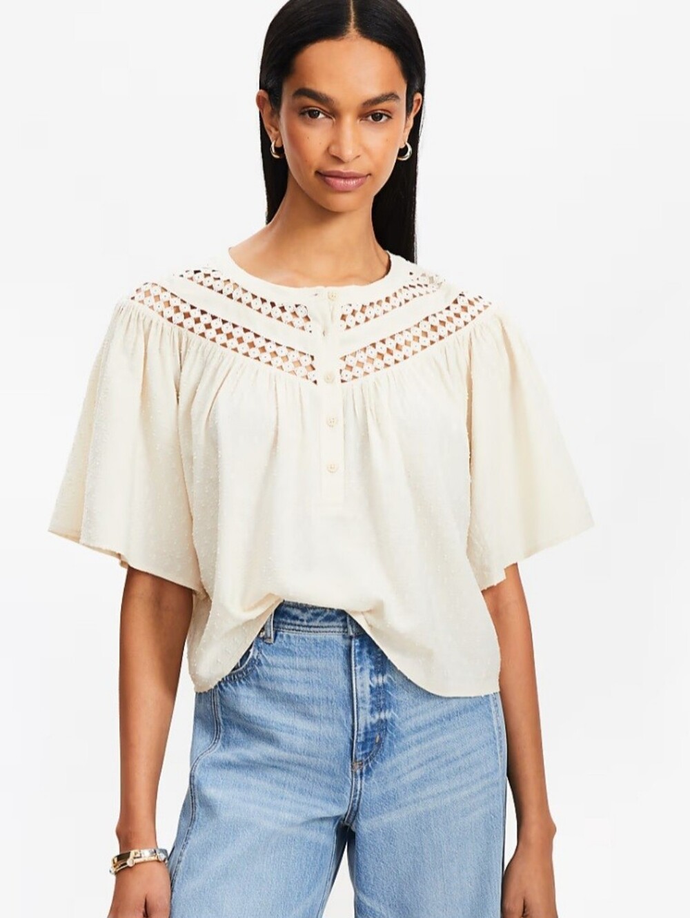 LOFT Cream Swiss Dor Crochet Yoke Flutter Sleeve Blouse Size XS